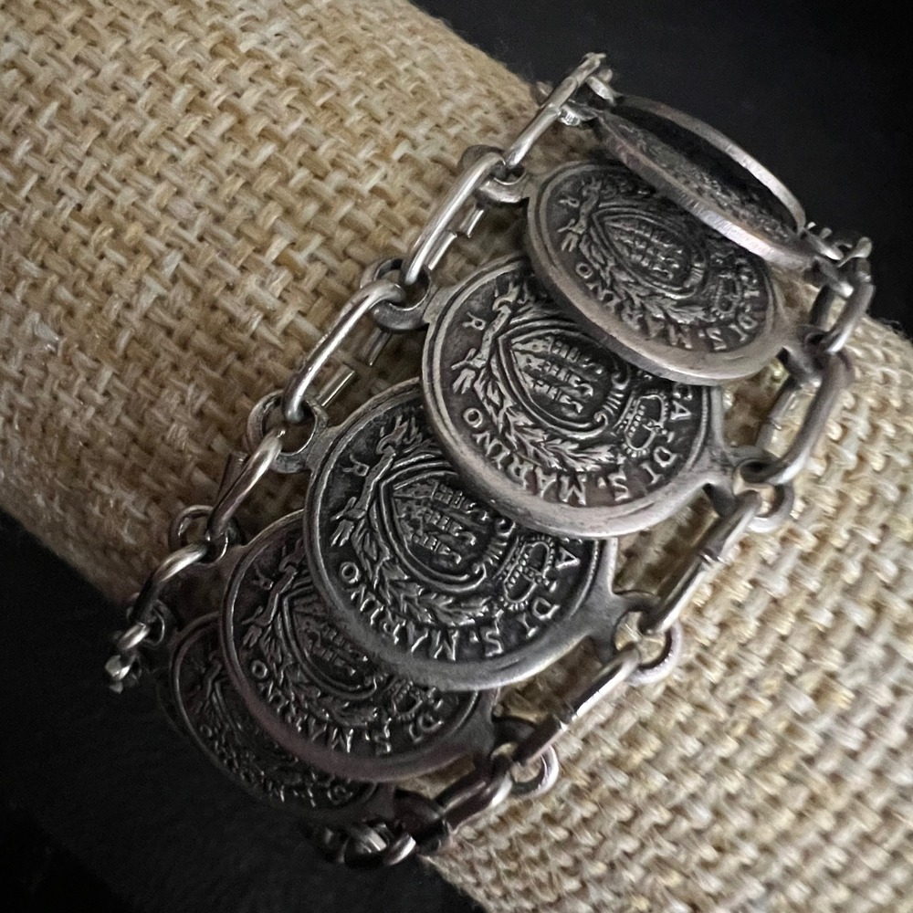 Vintage Silver Tone Multi Coin Link Bracelet 8.5 Inch Renaissance Core